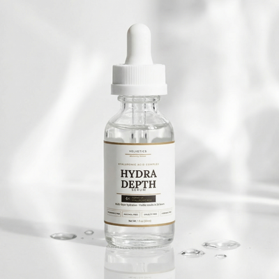 Velvetics Hydra Depth Serum bottle on white background — 4x Hyaluronic Acid Complex