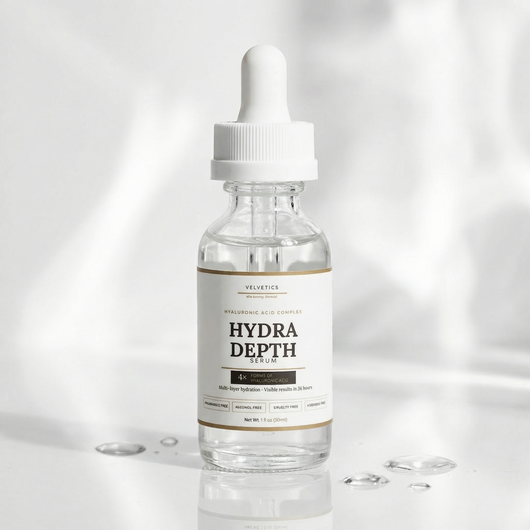 Velvetics Hydra Depth Serum bottle on white background — 4x Hyaluronic Acid Complex