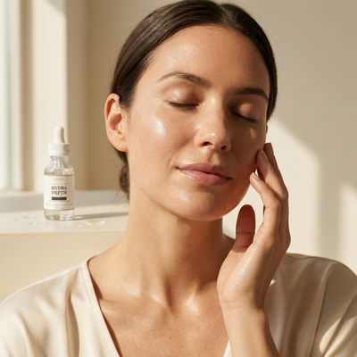 Woman applying Velvetics Hydra Depth Serum hyaluronic acid serum to face