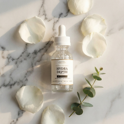 Velvetics Hydra Depth Serum flatlay with white rose petals on marble surface