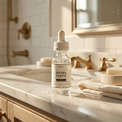 Velvetics Hydra Depth Serum on marble bathroom vanity with gold fixtures
