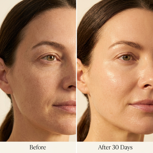 Before and after skin results from Velvetics Hydra Depth Serum — fine lines and hydration